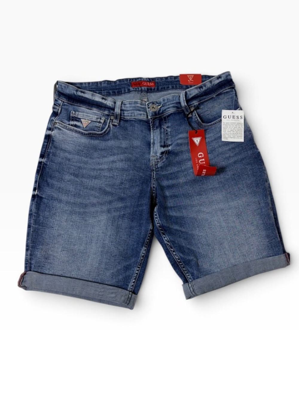 GUESS Sonny Stretch Denim Bermuda Shorts Size 32 NWT Medium Wash Cuffed